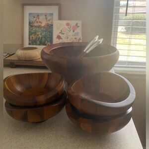 Nambe Salad Bowl, Utensils, and 4 Bowls